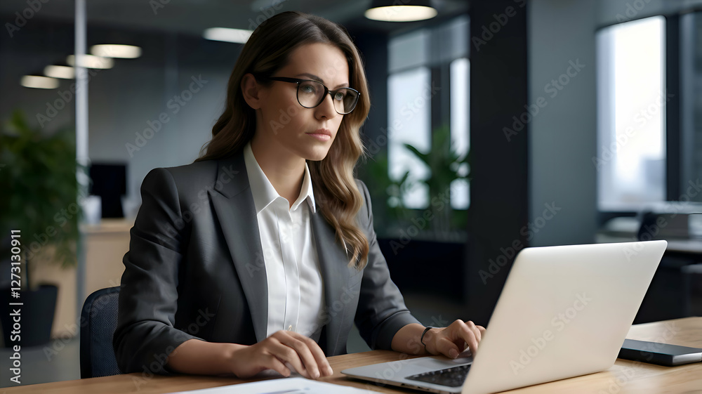 businesswoman working on laptop, young businesswoman working on laptop. A focused professional woman dressed in a business suit, sitting at a sleek desk and working on a laptop in a modern office businesswoman working on laptop, young businesswoman working on laptop. A focused professional woman dressed in a business suit, sitting at a sleek desk and working on a laptop in a modern office