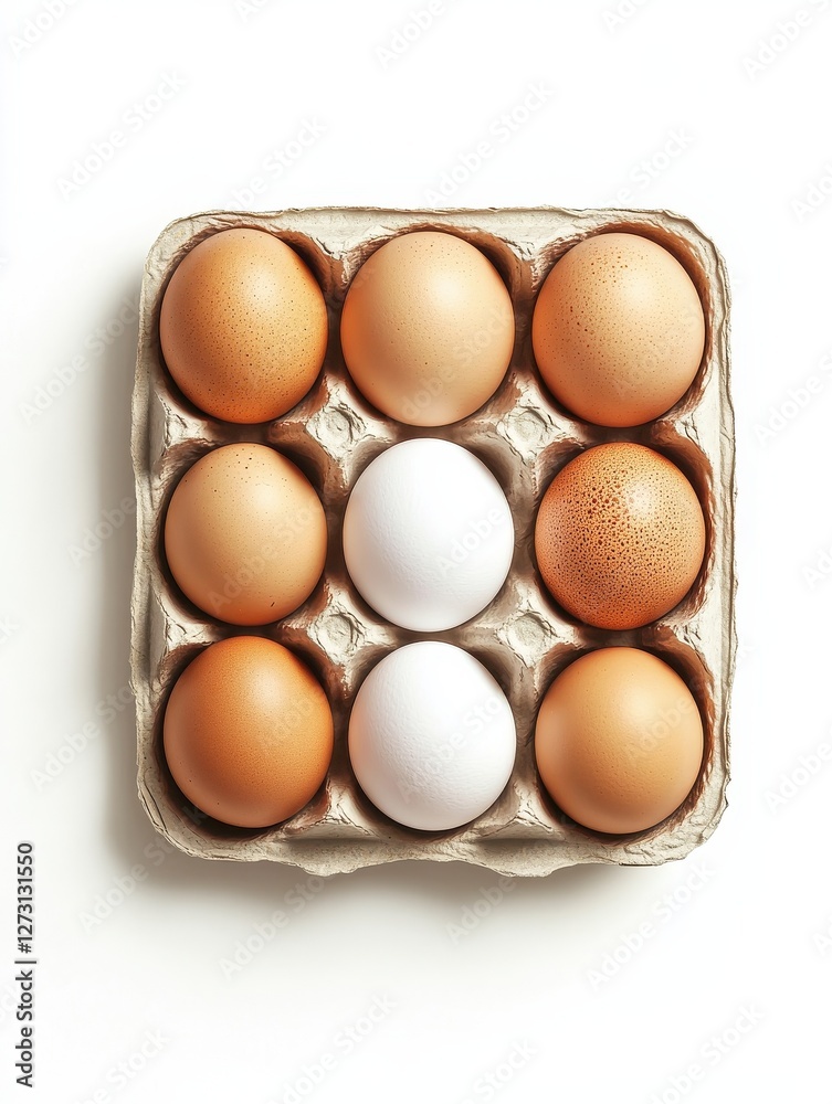 overhead view of eleven brown eggs, one white egg, in a cardboard egg carton isolated on white overhead view of eleven brown eggs, one white egg, in a cardboard egg carton isolated on white