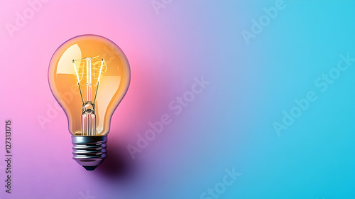 Bright Light Bulb Glowing on Gradient Pink and Blue Background