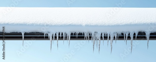 Snowy rooftop edge with icicles hanging from eaves against a bright winter sky