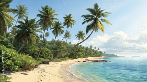 Tropical Beach Scene Digital Painting of Palm Trees, Sandy Shore and Azure Ocean, Tropical Paradise, Beach Landscape Tropical Beach, Digital Art