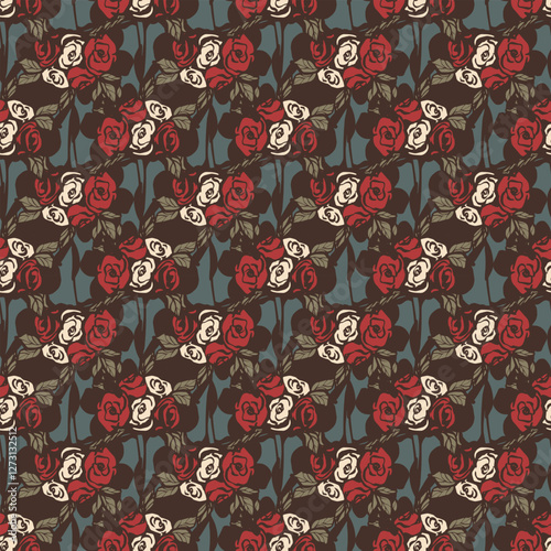 Vintage ornament with flowers. Vector seamless pattern with retro roses on a blue background.