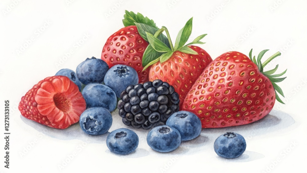 Obraz premium Watercolor Painting of Strawberries, Blueberries, Raspberries and Blackberries, Still Life Composition, Summer Fruit, Berry Painting Berry Painting, Watercolor Still Life