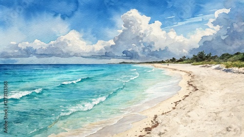 Watercolor Seascape Beach, Clouds, Ocean Waves, Composition, Turquoise, White Sand, Beach scene beach art