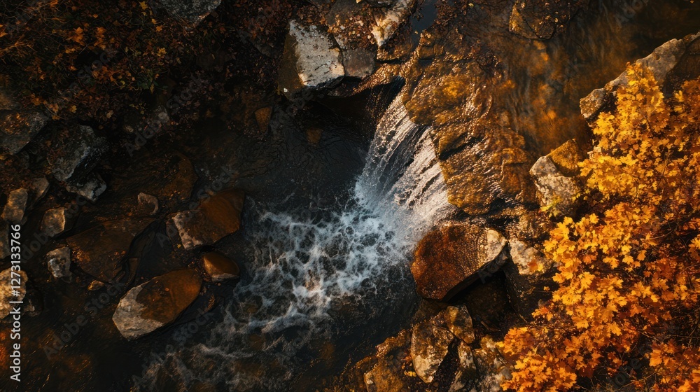 Autumn waterfall cascade, forest rocks, aerial view, nature background, landscape Autumn waterfall cascade, forest rocks, aerial view, nature background, landscape