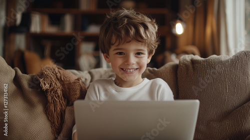 cheerful child at the table doing homework with a laptop. Online education