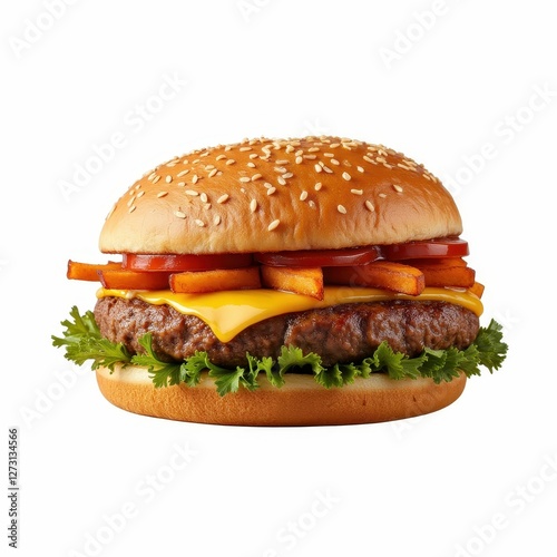 Delectable Burger Stack with Cheese Tomatoes and Crisp Lettuce for a Mouthwatering Meal Delight photo