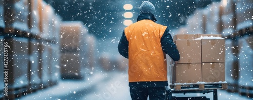 Wallpaper Mural Worker in Yellow Vest Transporting Boxes in Warehouse During Snowfall in Winter Environment Torontodigital.ca