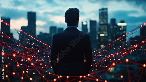 Businessman Standing in Front of City Skyline with Abstract Digital Network Connections at Dusk
