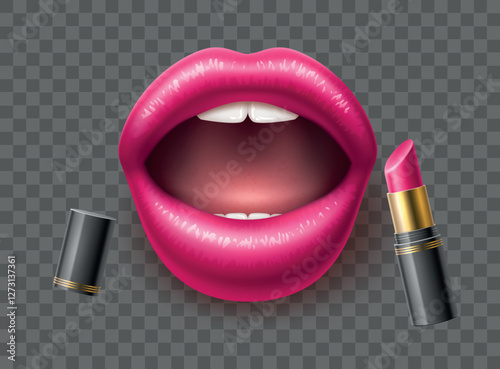 Female lips with bright pink lipstick on transparent background. Realistic isolated object. Beauty product advertising. Glamour luxury cosmetic, sexy woman mouth. Makeup 3d vector concept