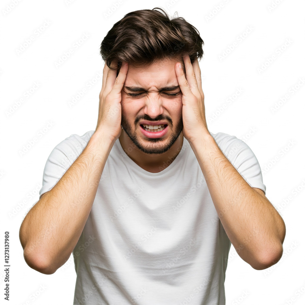 Naklejka premium portrait of a young man with headache. Young man showing how much head hurts, experiencing pain, looking miserable and exhausted. Headache concept. white background.