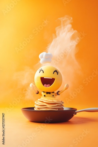 Excited emoji chef flipping pancakes in a frying pan, steam rising, on a soft gradient orange background. Realistic lighting and texture.