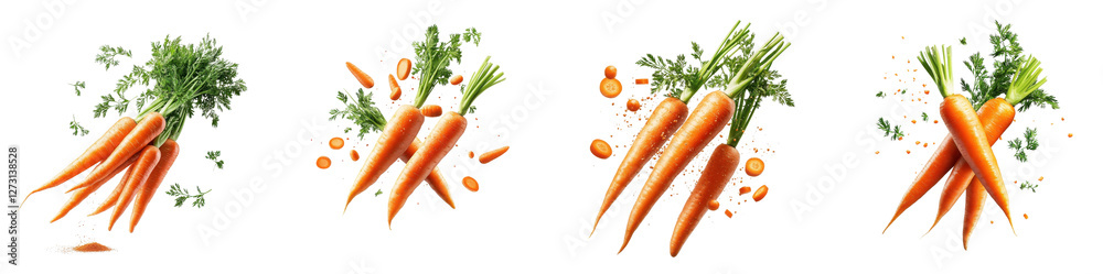 Carrots flying mid-air, isolate on white background. Mix collection cutout png. Carrots flying mid-air, isolate on white background. Mix collection cutout png.