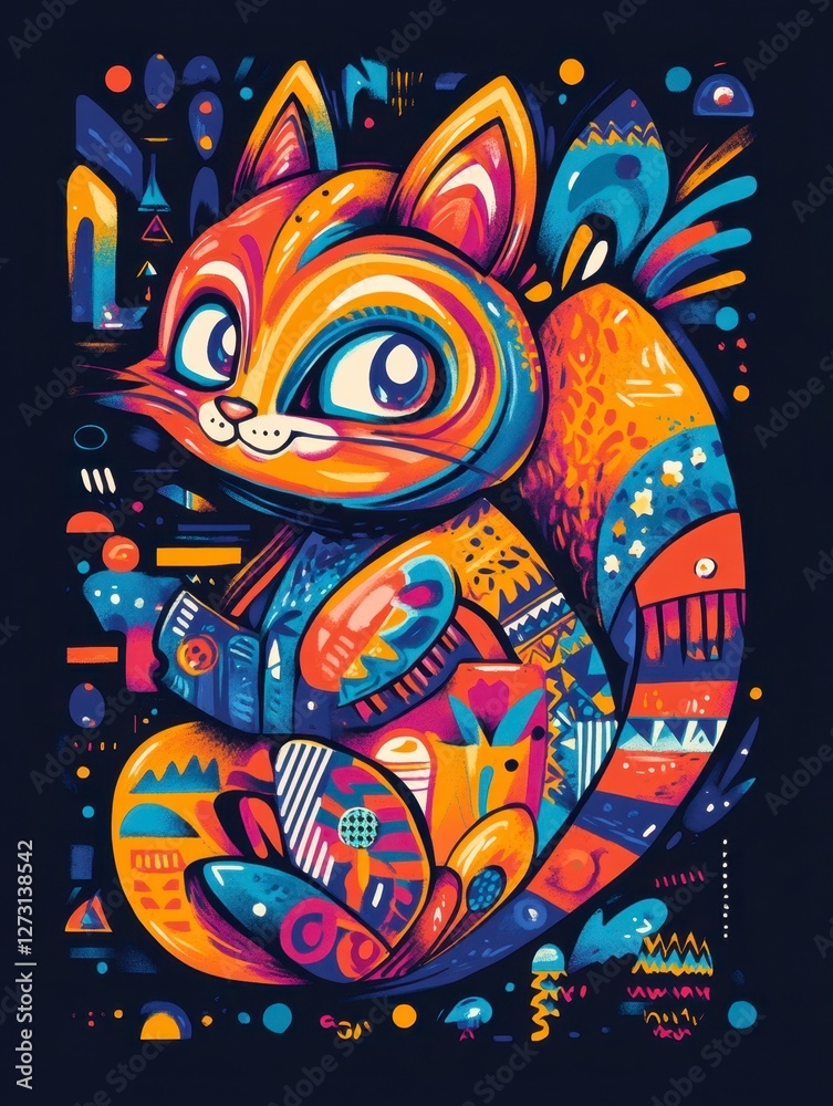 Colorful Abstract Cartoon Squirrel with Playful Patterns and Designs Colorful Abstract Cartoon Squirrel with Playful Patterns and Designs