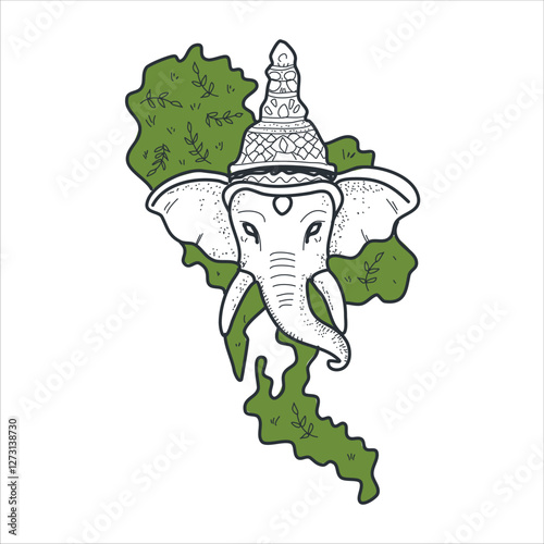 Map of Thailand, Elephant depicted in traditional Thai style with elements reminiscent of Thai culture. Elephant isolated on white background.