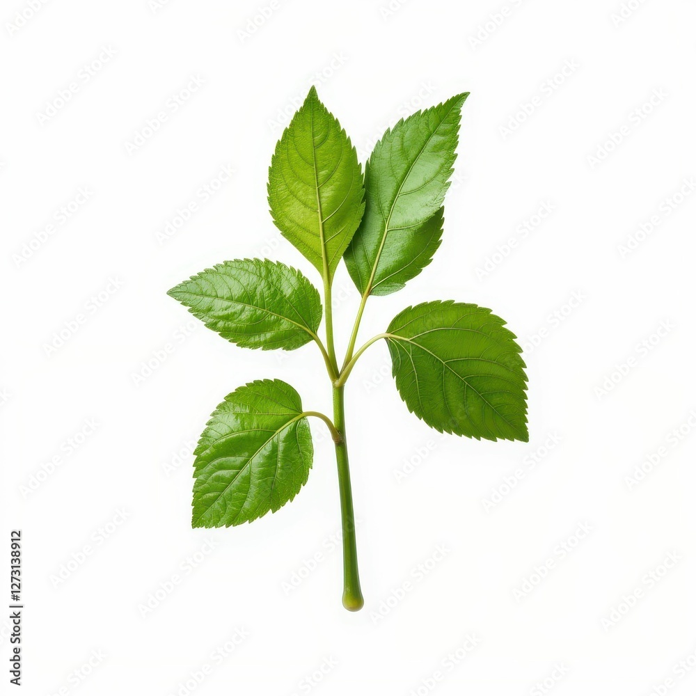 Fresh Green Leaf Branch Isolated Against White Backdrop Botanical Studio Shot Detailed Close Up Fresh Green Leaf Branch Isolated Against White Backdrop Botanical Studio Shot Detailed Close Up