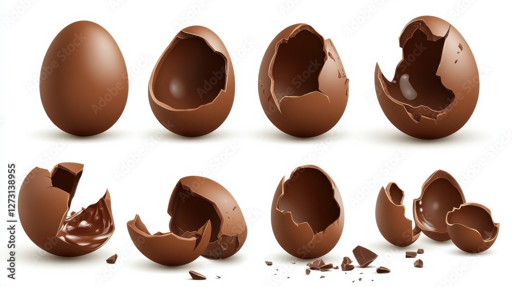 Fototapeta premium Chocolate eggs set. Isolated whole, broken, exploded, cracked and open brown eggs collection. Realistic sweet chocolate candy dessert icons. Vector Easter holiday celebration concept