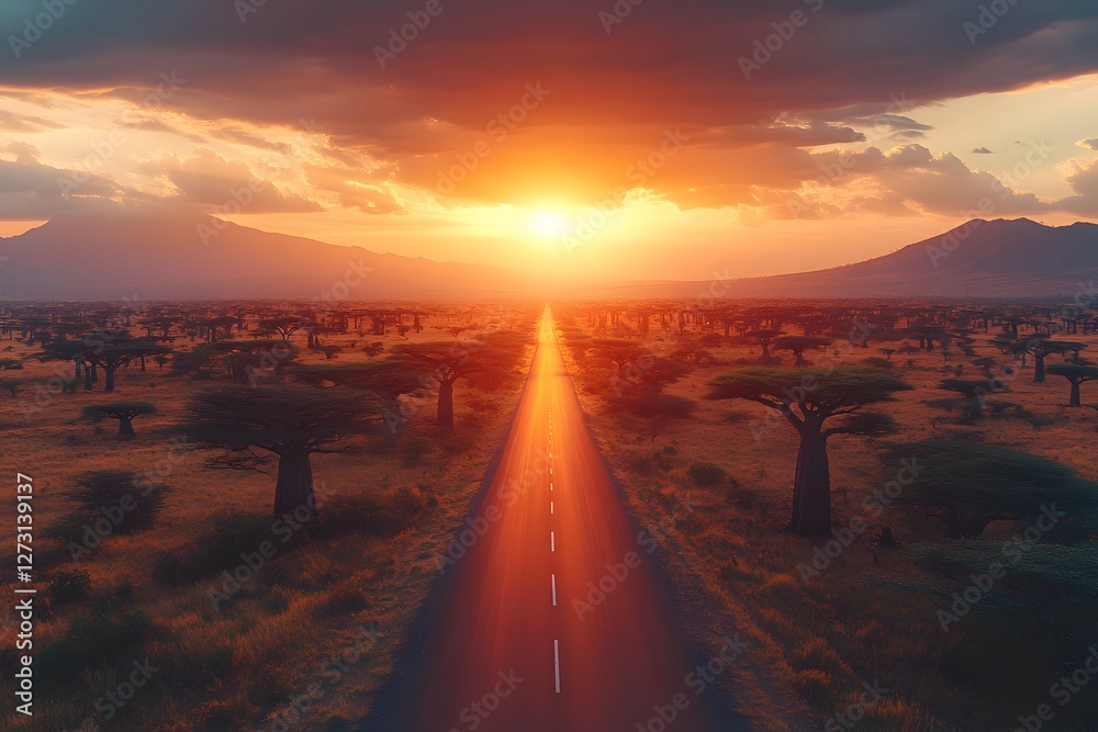 Fototapeta premium Stunning African Sunset Over Baobab-Lined Road with Vibrant Sky