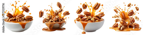Pecans splashing in caramel glaze, isolate on white background. Mix collection cutout png.