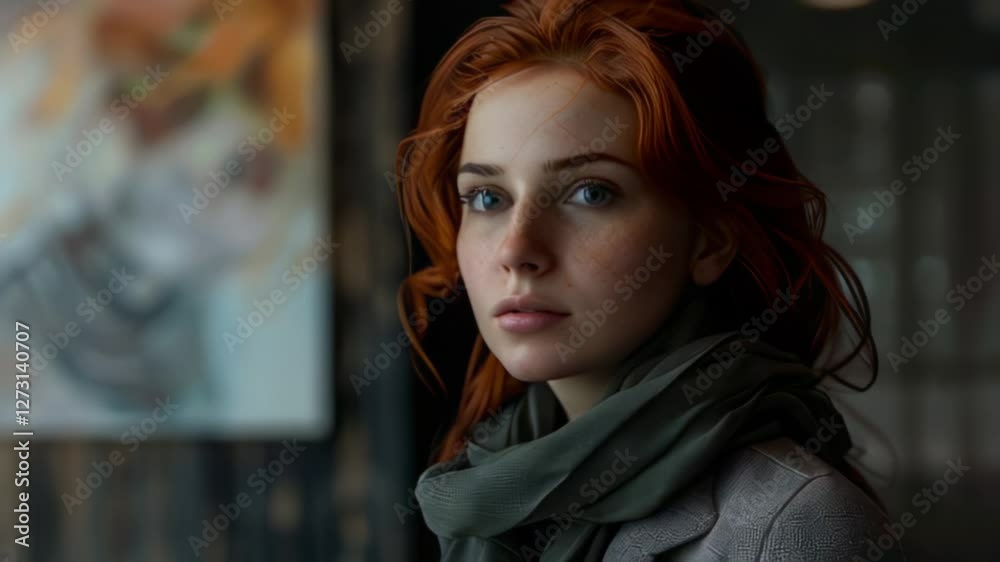 Contemplative Redheaded Woman in Green Sweater, Thoughtful Introspection Contemplative Redheaded Woman in Green Sweater, Thoughtful Introspection