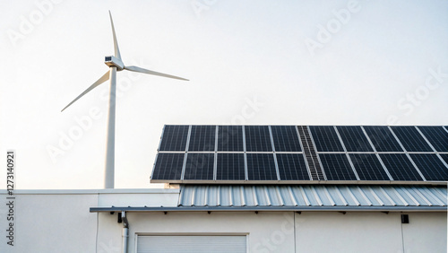 Wind Turbine and Solar Panels on Modern Building Under Clear Sky at Sunset