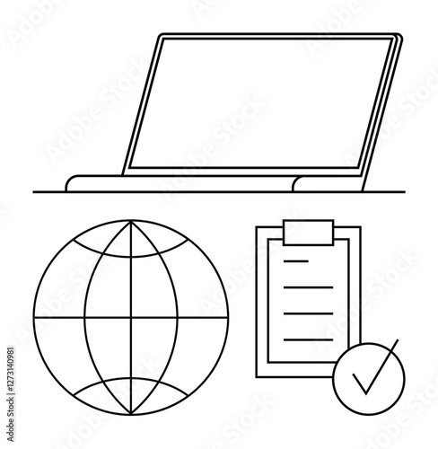 Laptop, globe, checklist, and checkmark represent global communication, task management, and productivity. Ideal for remote work, technology, education project planning global business smart