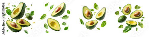 Avocado leaves flying mid-air, isolate on white background. Mix collection cutout png.