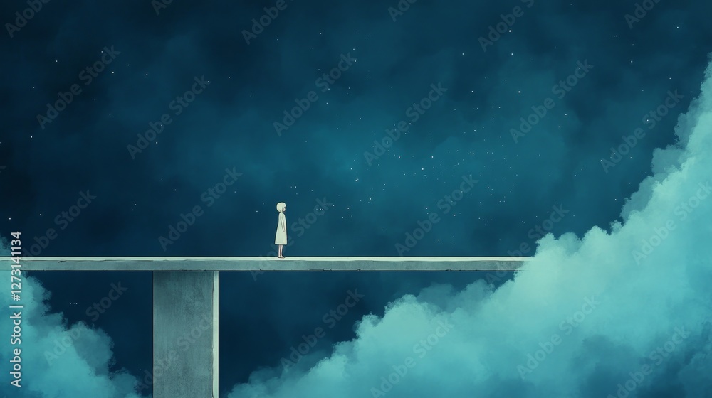 Obraz premium Anime girl on a bridge under a dark sky, gazing at faint stars through thick clouds, evoking a melancholic and peaceful atmosphere.
