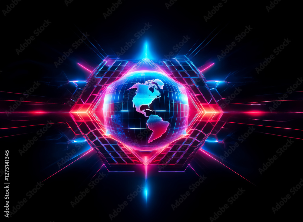 Obraz premium A glowing globe of planet Earth, with America visible, is encased in a geometric hexagon of vibrant neon red and blue lines against a dark backdrop.
