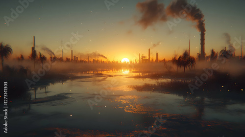 Industrial sunset over swamp, pollution, reflection photo