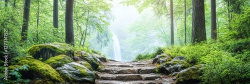 Serene Forest Path, tranquil woods, soft glowing light, winding trail, sparkling waterfall, moss-covered rocks, enchanting atmosphere