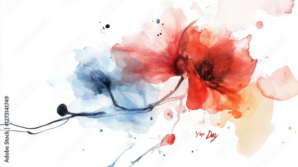 Naklejka premium Yap Day Watercolor red and blue flowers with abstract ink splatters on white background