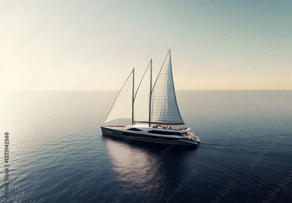 Fototapeta premium A luxurious sailboat sailing on the open sea, with white sails billowing in the wind against a clear blue sky.