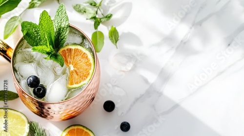National Moscow Mule Day Fresh mint and citrus moscow mule cocktail with ice and berries