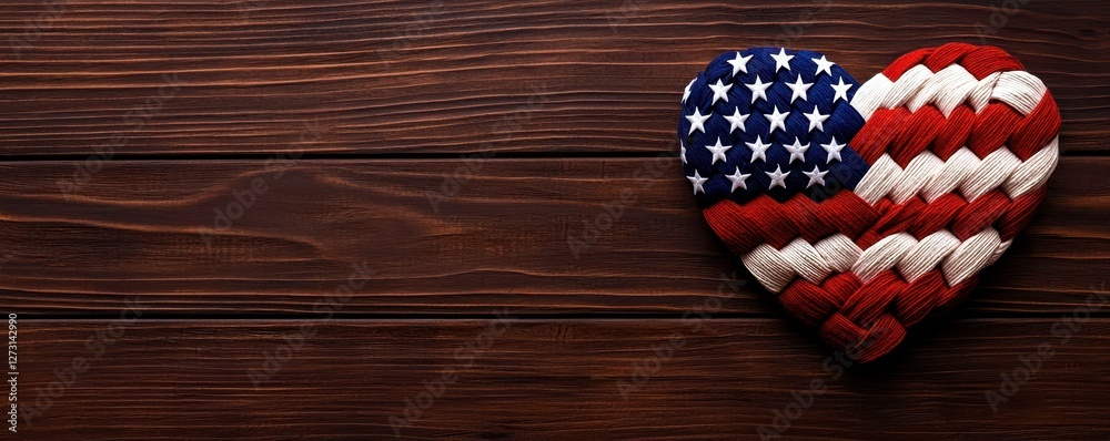 Fototapeta premium American Flag Heart Crafted on Rustic Wooden Tabletop Patriotic Symbol of Unity and Love Decor