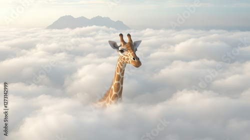Surreal Giraffe Emerging from Clouds in a Dreamlike Sky