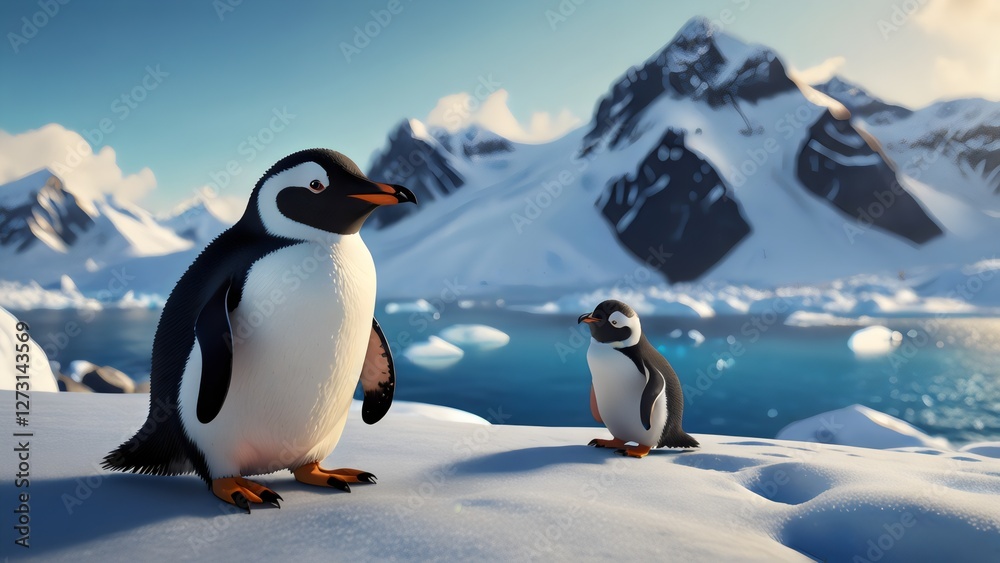 Obraz premium Penguins in Antarctica with Scenic Snowy Peaks