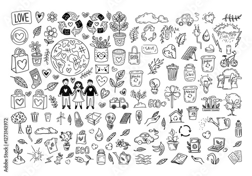 Eco doodle set with planet, recycling, energy, sustainability, environment, conservation, minimalism, green, hand drawn, outline