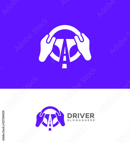 Driving School Logo Design Hands Holding Steering Wheel and Road
