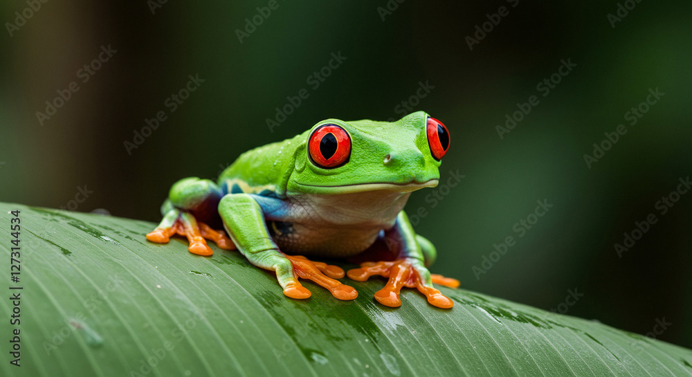 Naklejka premium Vibrant Red-Eyed Tree Frog Resting on a Lush Tropical Leaf in Costa Rica
