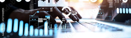 On a futuristic virtual interface, a programmer and data scientist use a laptop to evaluate financial data, employing algorithms to inform global business strategy, development, and digital