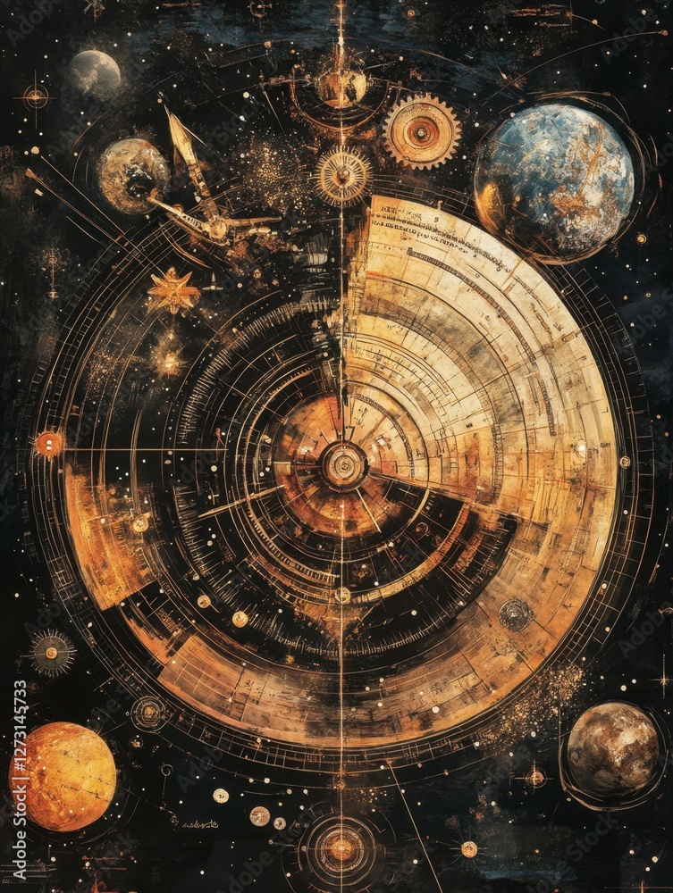 Obraz premium Cosmic Diagram of Celestial Bodies and Astronomical Elements