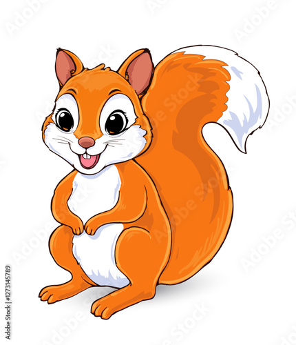 Cartoon squirrel with bright orange tail. Large, expressive eyes and a wide smile.The squirrel stands upright on its hind legs, with arms held slightly forward.