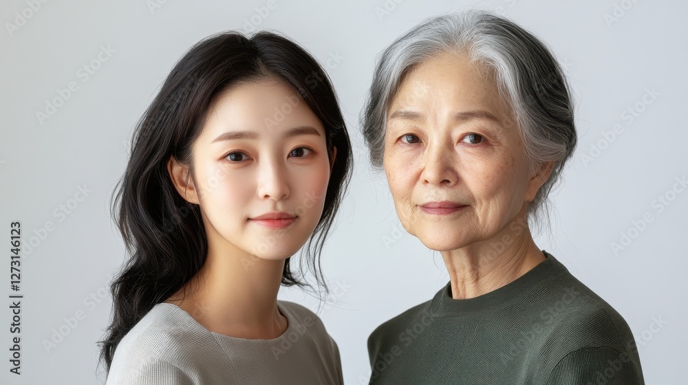 Young woman and her elderly mother take care of their skin and look great,Two generations,Beautiful middle aged mother and her adult daughter,skincare and Aging concept,Comparison of young and old. Young woman and her elderly mother take care of their skin and look great,Two generations,Beautiful middle aged mother and her adult daughter,skincare and Aging concept,Comparison of young and old.