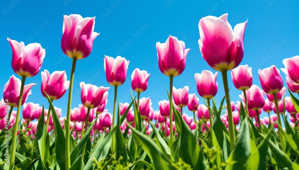 Obraz premium Pink and white tulips bloom under a vibrant blue sky