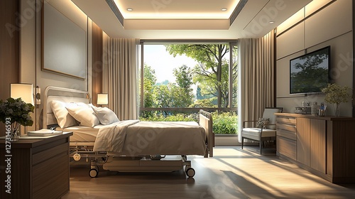Luxurious hospital room with large window, bed, and TV.