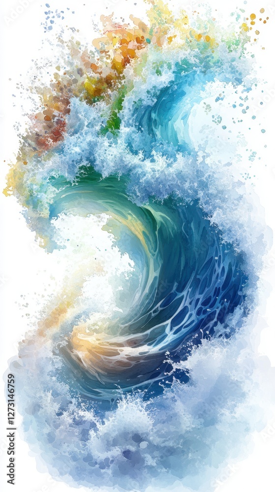 Fototapeta premium Vibrant ocean wave with multicolored splash for modern art decor prints. National Tsunami Awareness Week