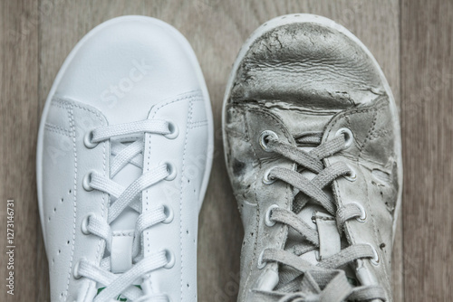 Two sneakers, one new and one worn out