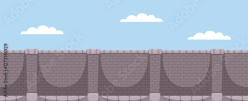 Brick wall. Facade of castle or old palace. Stone pattern and blue sky with clouds. Concrete and clay. Building material. Graphic background design. Cartoon flat isolated vector concept