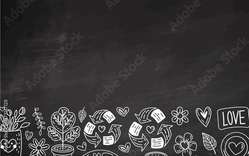 Eco heart banner with hand drawn elements of sustainability and love on chalkboard background